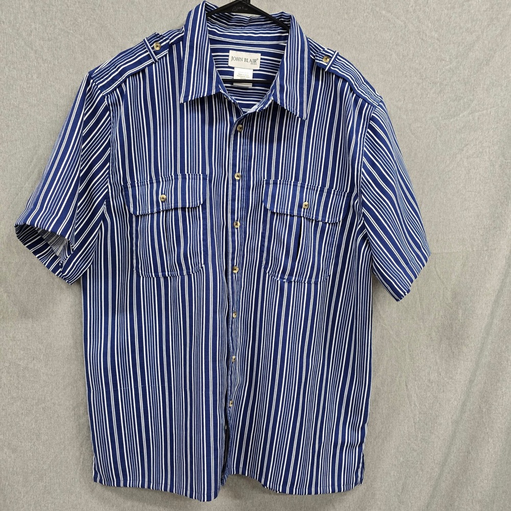 John Blair Mens XLG Blue White Striped Short Sleeve Epaulette Button Down Shirt